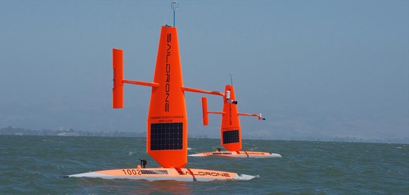 Two saildrones zip across San Francisco Bay photo copyright Saildrone Inc taken at  and featuring the Cruising Yacht class