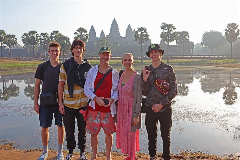 Finn, Declan, Rob, Rachel, and Ivan Hamill at Angkor Wat - photo © The Cruising Kiwis