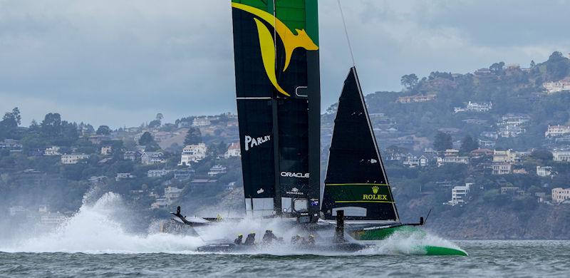 Australia SailGP Team helmed by Tom Slingsby dips one of their hulls into a wave on Race Day 2 of San Francisco SailGP, Season 2 photo copyright Thomas Lovelock for SailGP taken at Golden Gate Yacht Club and featuring the F50 class