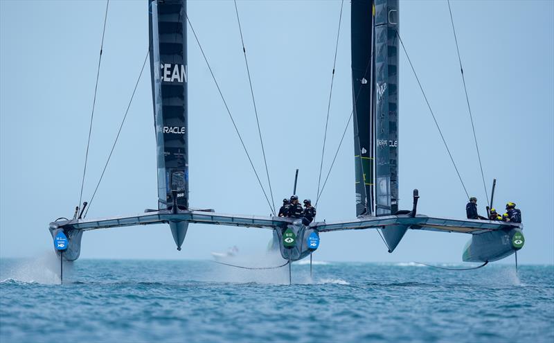 New Zealand SailGP Team co-helmed by Peter Burling and Blair Tuke and Australia SailGP Team helmed by Tom Slingsby take part in a practice session ahead of Bermuda SailGP, Season 3, in Bermuda. May 2022 photo copyright Bob Martin/SailGP taken at Royal New Zealand Yacht Squadron and featuring the F50 class