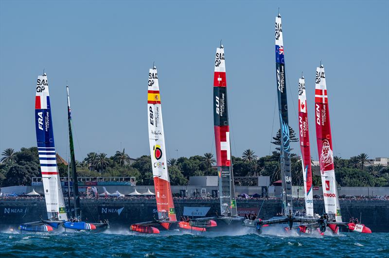 The SailGP F50 catamaran fleet on Race Day 1 of the Spain Sail Grand Prix in Cadiz, Andalusia, Spain photo copyright Bob Martin for SailGP taken at  and featuring the F50 class
