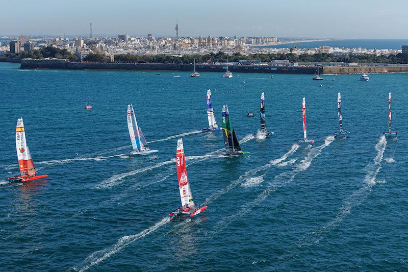 The SailGP fleet in action on Race Day 1 of the Spain Sail Grand Prix in Cadiz, Andalusia, Spain photo copyright Ricardo Pinto for SailGP taken at  and featuring the F50 class