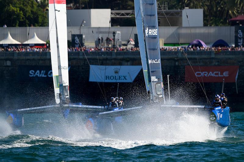 France SailGP Team FRA helmed by Quentin Delapierre and USA SailGP Team USA helmed by Jimmy Spithill in action on Race Day 1 of the Spain Sail Grand Prix in Cadiz, Andalusia, Spain photo copyright Ricardo Pinto for SailGP taken at  and featuring the F50 class