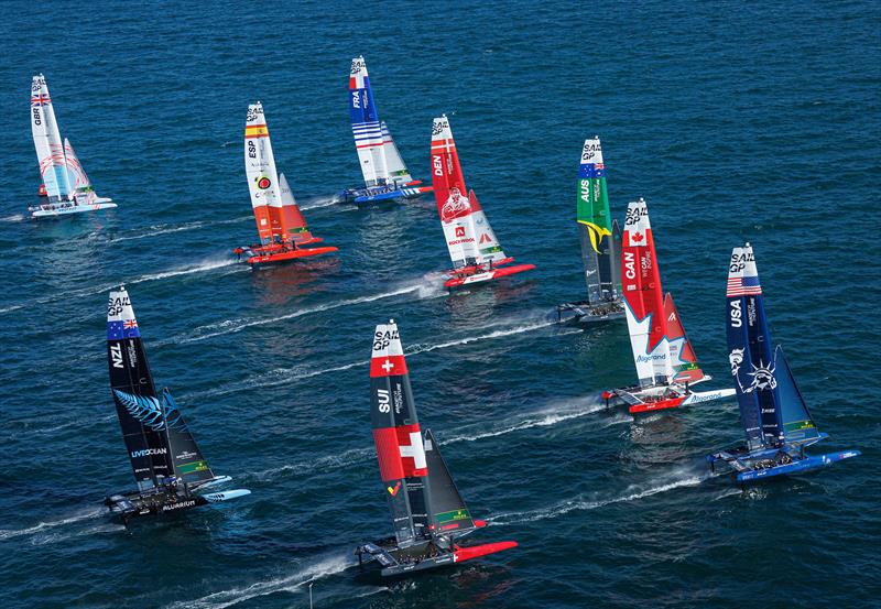 The SailGP fleet in action on Race Day 1 of the Spain Sail Grand Prix in Cadiz, Andalusia, Spain photo copyright David Gray for SailGP taken at  and featuring the F50 class