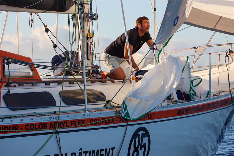 Damien, still competitive, dropped his spinnaker at the last minute, and hoisted it back at the first opportunity! photo copyright GGR2022 / Nora Havel taken at  and featuring the Golden Globe Race class