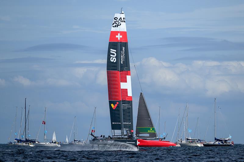 Switzerland SailGP Team helmed by Nathan Outteridgecompete on Race Day 2 of the ROCKWOOL Denmark Sail Grand Prix in Copenhagen, Denmark photo copyright Jon Buckle for SailGP taken at  and featuring the  class