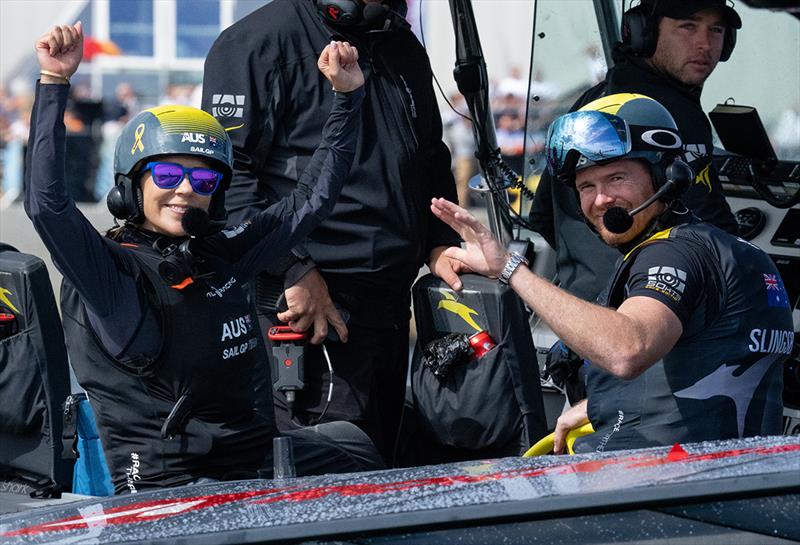 Crown Princess Mary of Denmark gets behind the wheel of The Australia SailGP Team in ‘royal race' at ROCKWOOL Denmark Sail Grand Prix photo copyright Bob Martin for SailGP taken at  and featuring the  class