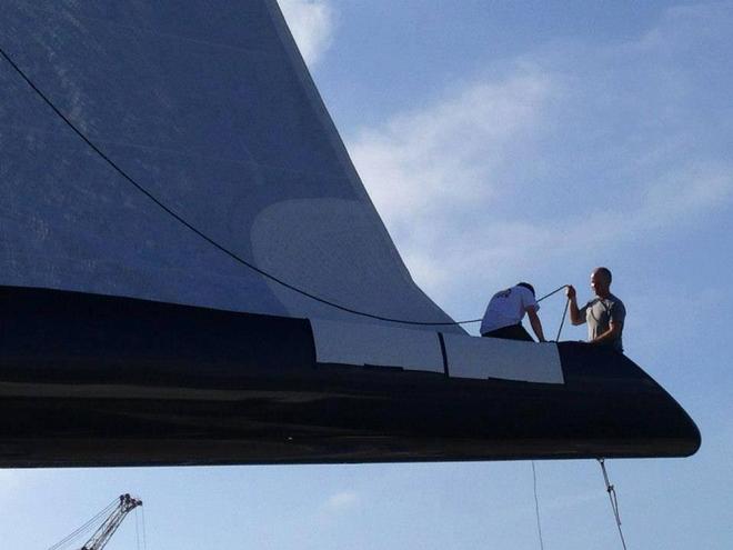 Working on mainsail clew - Mast stepping and sail fitting - 60m Perini Navi Sloop, Perseus 3, in La Spezia, Italy © Doyle Sailmakers