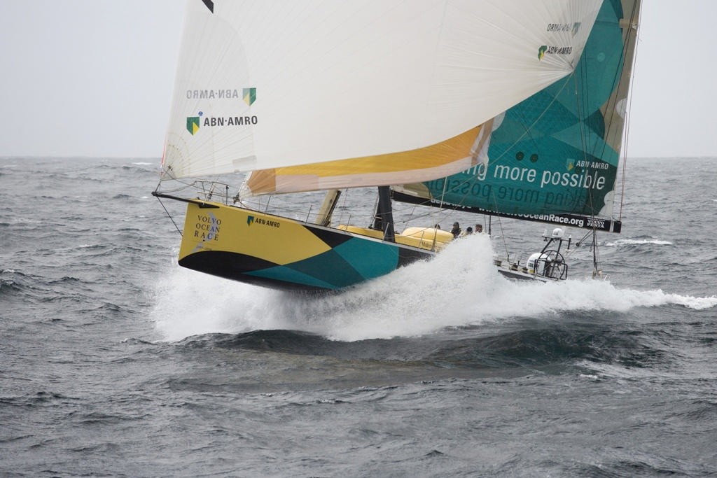 ABN Amro One skippered by Mike Sanderson sailing very bow - up past the flies past the Lizard, Salthouse says the VO65s fly at at similar angle downwind because of keel lift ©  Oskar Kihlborg / Volvo Ocean Race