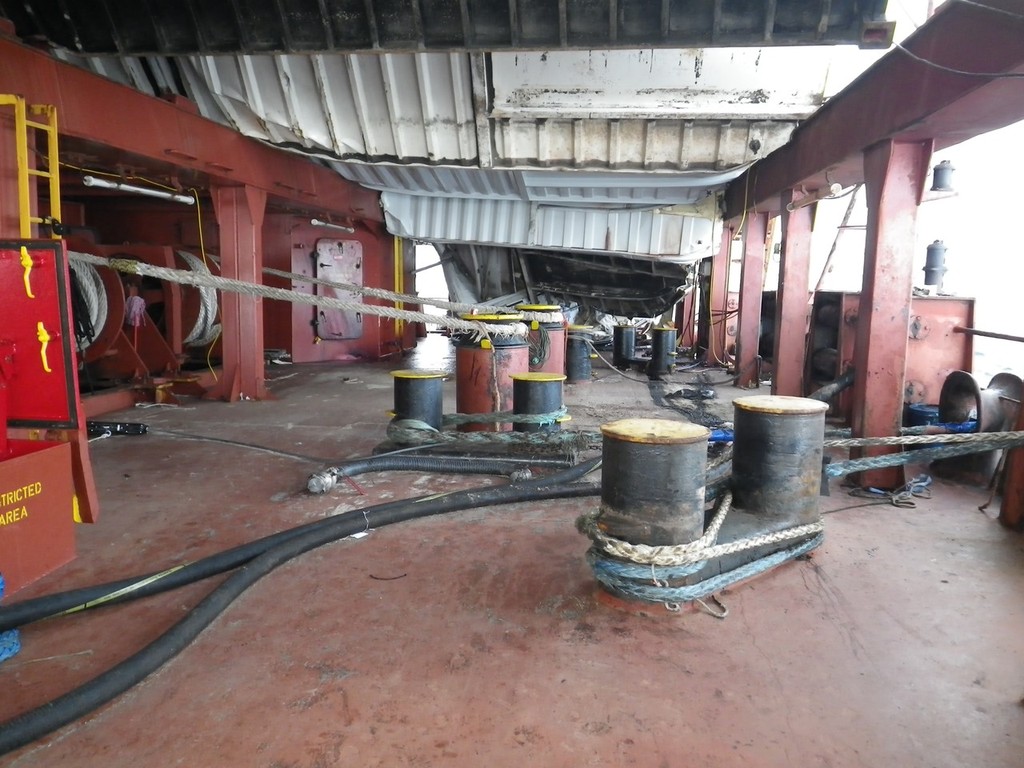View of the aft deck of the Rena looking towards the rear of the vessel. © Maritime NZ www.maritimenz.govt.nz