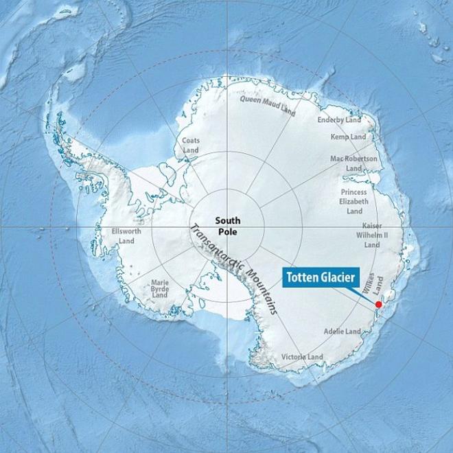 The glacier, located in East Antarctica (marked on the map) was known to be thinning thanks to satellite images, but it is only now that scientists think they know why - East Antarctica's Totten glacier melting © Daily Mail UK Associated Newspapers Ltd http://www.dailymail.co.uk