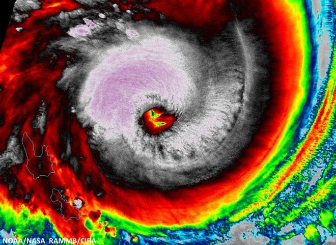 Enhanced infrared satellite image of Tropical Cyclone Pam on Thursday morning March 12, 2015 © NOAA/NASA, RAMMB/CIRA