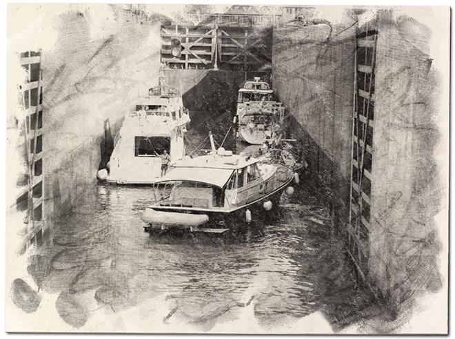 Charcoal drawing of one of the locks in the Waterford sequence of locks © Bluewater Cruising Association