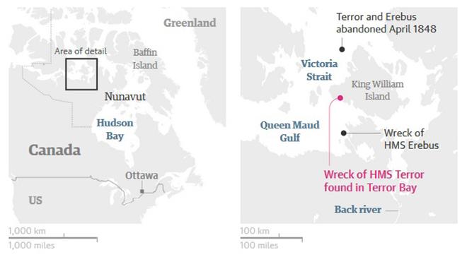 Map - Wreck of HMS Terror found © Paul Watson - The Guardian