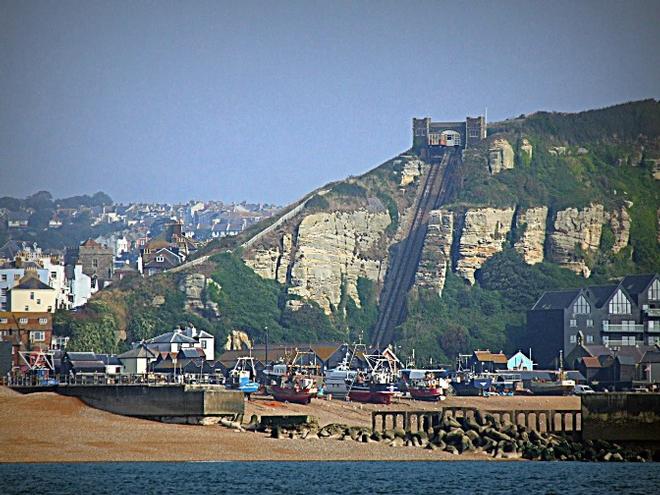 Hastings Fishing boats and the The East Hill Cliff Funicular Railway with original wooden coaches © SV Taipan