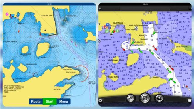 Navionics on the left and Bluechart on the right: notice the difference in the display of aids to navigation. © Bluewater Cruising Association