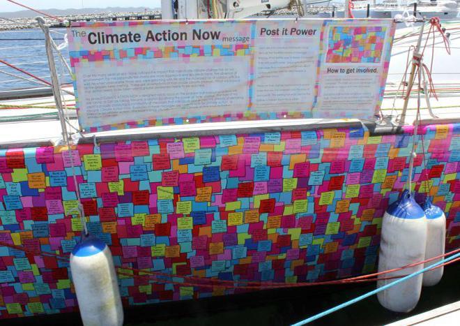 Lisa Blair’s yacht is decorated with climate action messages. © ABC Great Southern: Lisa Morrison