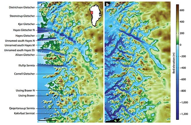 Maps of the northwest Greenland coastline before (left) and after (right) OMG data were incorporated. The coastline itself -- the edge of the glacier ice -- appears as a faint white line. The right-hand image shows several previously unknown troughs revealed by the OMG seafloor survey.  © University of California - Irvine (UCI)