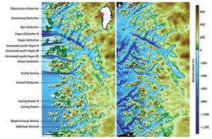 Maps of the northwest Greenland coastline before (left) and after (right) OMG data were incorporated. The coastline itself -- the edge of the glacier ice -- appears as a faint white line. The right-hand image shows several previously unknown troughs revealed by the OMG seafloor survey. photo copyright University of California - Irvine (UCI) taken at  and featuring the  class