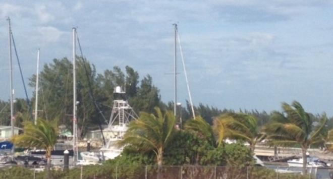 Winds were blowing the palms sideways at Chub Cay marina. © Bluewater Cruising Association