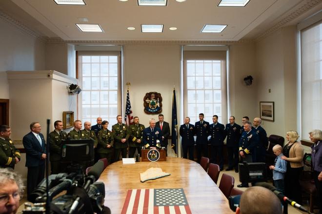 Governor Paul R. LePage and Rear Adm. Steve Poulin awarded Specialist Corrie Roberts the Silver Lifesaving Medal and Sergeant Matt Talbot the Certificate of Valor in the Maine State House Tuesday, March 28, 2017. Roberts and Talbot received the awards for actions they took when a 40-foot lobster boat began operating in an uncontrolled manner dangerously close to the rocky shore and local maritime traffic. © Petty Officer 3rd Class Andrew Barresi