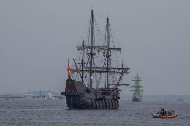 The Spanish tall ship El Galeón in Boston Harbor Saturday. The ship is a replica of a 17th century Spanish galleon ©  Sharon Brody / WBUR