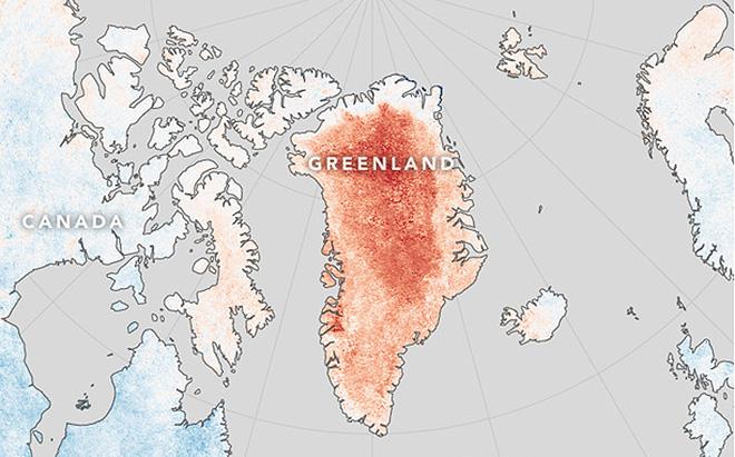 The redder the area on this map of Greenland, the more days that site was warmer in April 2016 than the average of April temperatures from 2001 to 2010. © Jesse Allen / NASA Earth Observatory