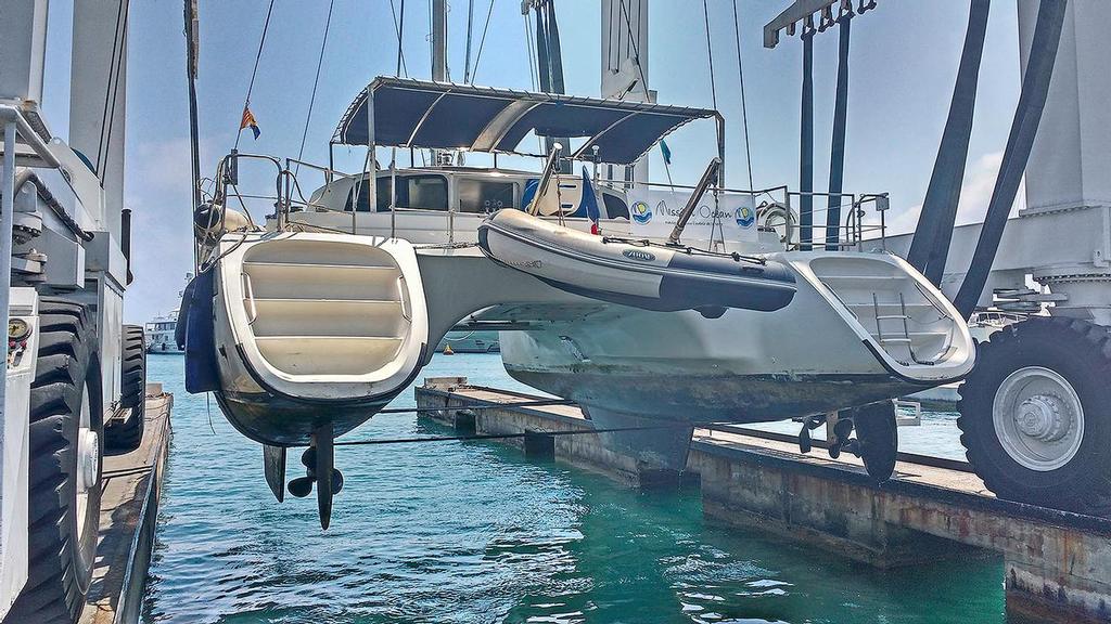 SY Contigo hauling out at Monaco Marine Antibes. Ever seen a cat fly?  photo copyright Mission Océan taken at  and featuring the  class