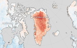 The redder the area on this map of Greenland, the more days that site was warmer in April 2016 than the average of April temperatures from 2001 to 2010. photo copyright Jesse Allen / NASA Earth Observatory taken at  and featuring the  class