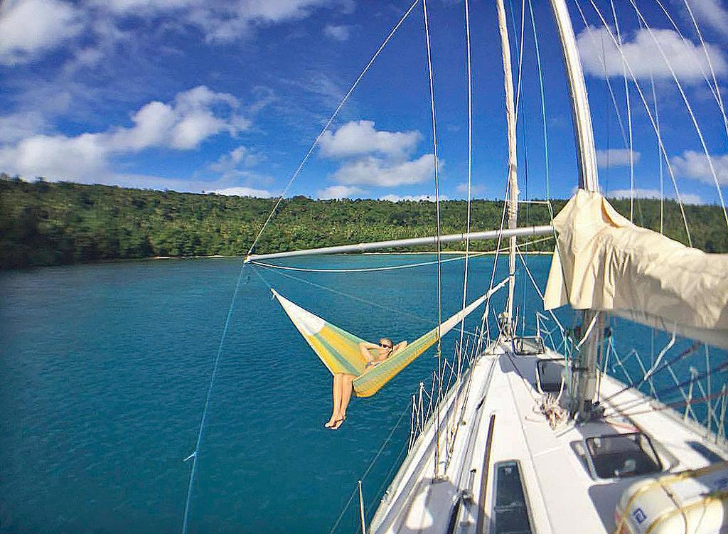 The ultimate setup after a hard day sailing: - Find a beautiful anchorage - Set up a hammock above water - Relax  We've got that one right!  © Te Mana http://www.voyageoftemana.com