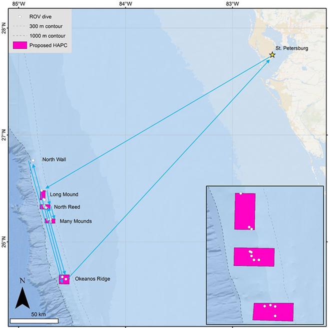 Map showing the areas of exploration for the Southeast Deep Coral Initiative (SEDCI) expedition aboard NOAA Ship Nancy Foster, cruise number NF1708 ©  Matt Poti / NOAA National Centers for COS