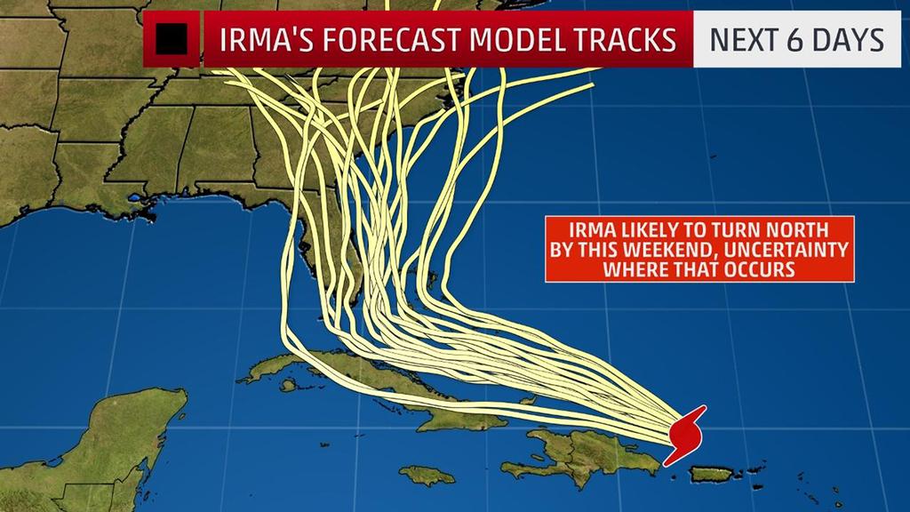 Irma's Model Tracks - Each yellow line indicates possible tracks of Irma by different computer forecast models. © The Weather Channel