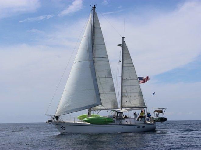 Their boat is a 1978 45-foot Dufour ketch sailboat called SV Terrapin (SV stands for sailing vessel, and a terrapin is a species of turtle). ©  Aimee Nance