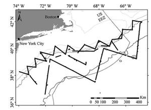 Map of the survey area, with the tracklines shown by the thick solid black line. The US Exclusive Economic Zone (EEZ) is denoted by the hashed line. The 100 meter, 1,000 meter, 2,000 meter and 4,000 meter contours (depths under water) appear as thin grey lines from light to dark, respectively photo copyright  NOAA Fisheries / Annamaria Izzi DeAngelis /NEFSC taken at  and featuring the  class