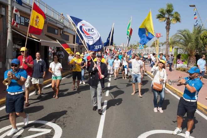 Andrew Bishop leads the ARC 2017 Opening Ceremony Parade. - Atlantic Rally for Cruisers © WCC / Clare Pengelly