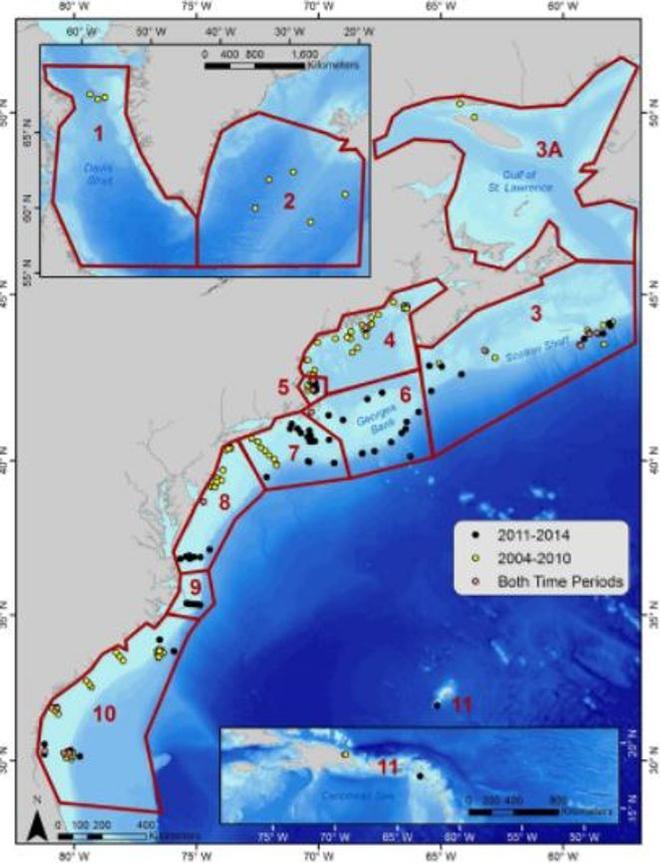 Locations of available passive acoustic recorders used for the study from Bermuda and the Caribbean (bottom right inset) to Davis Strait (top left inset). Colored dots indicate the time periods the recorders were available. Numbered regions, outlined in red and defined by historical North Atlantic right whale distribution patterns, correspond to the following geographic areas: 1. Davis Strait; 2. Iceland and Greenland; 3. Scotian Shelf; 4. Northern Gulf of Maine; 5. Massachusetts Bay; 6. Georges ©  Davis et al, Scientific Reports