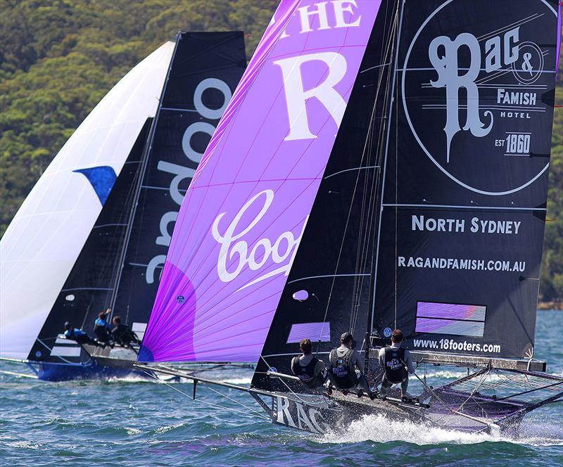 Rag and Famish Hotel and Andoo battle for the lead in last Sunday's Race 7 of the 18ft Skiff NSW Championship photo copyright Frank Quealey taken at Australian 18 Footers League and featuring the 18ft Skiff class
