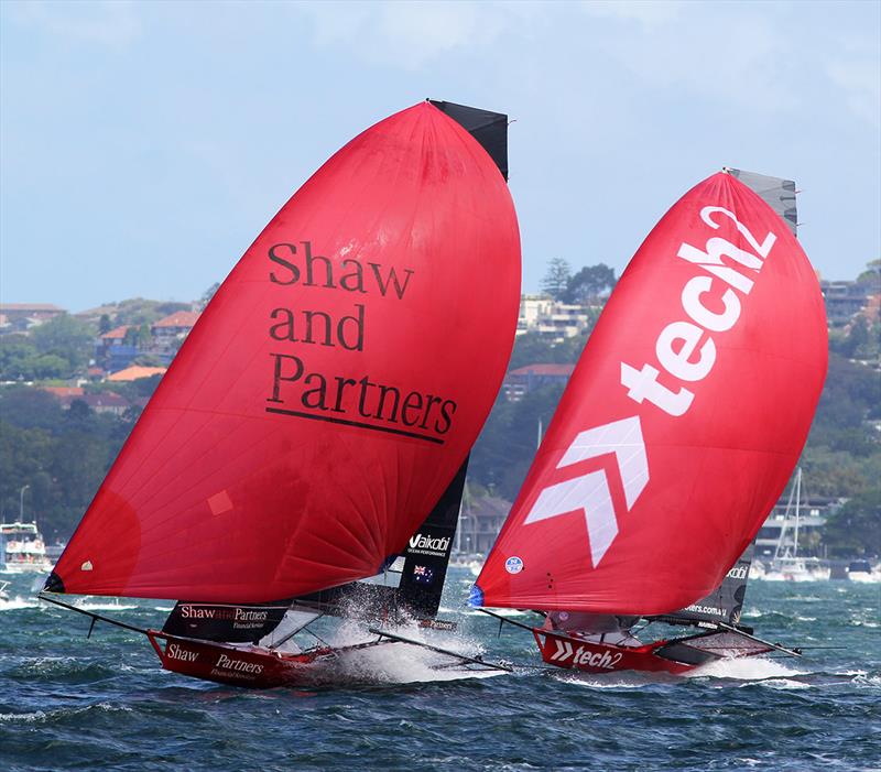 Shaw and Partners Financial Services leads Tech2 in Race 4 - 18ft Skiff NSW Championship photo copyright Frank Quealey taken at Australian 18 Footers League and featuring the 18ft Skiff class