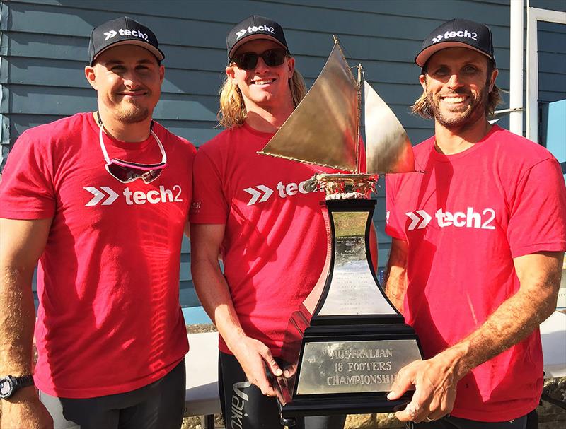 Tech2 crew with the Australian Championship trophy in 2021 photo copyright Jessica Crisp taken at Australian 18 Footers League and featuring the 18ft Skiff class