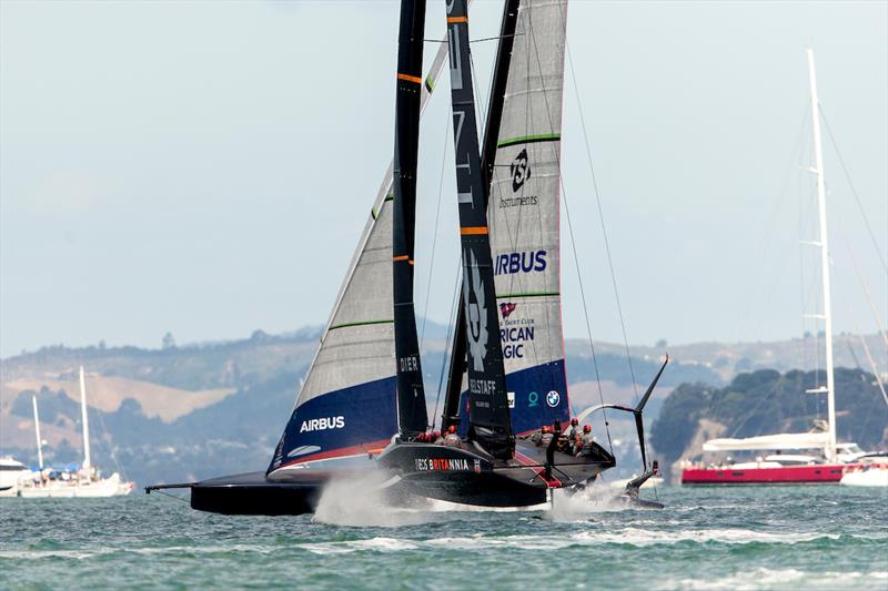 PRADA Cup Day 2: PATRIOT has some trouble staying on the foils today as BRITANNIA comes at them during the pre-start photo copyright Sailing Energy / American Magic taken at  and featuring the AC75 class