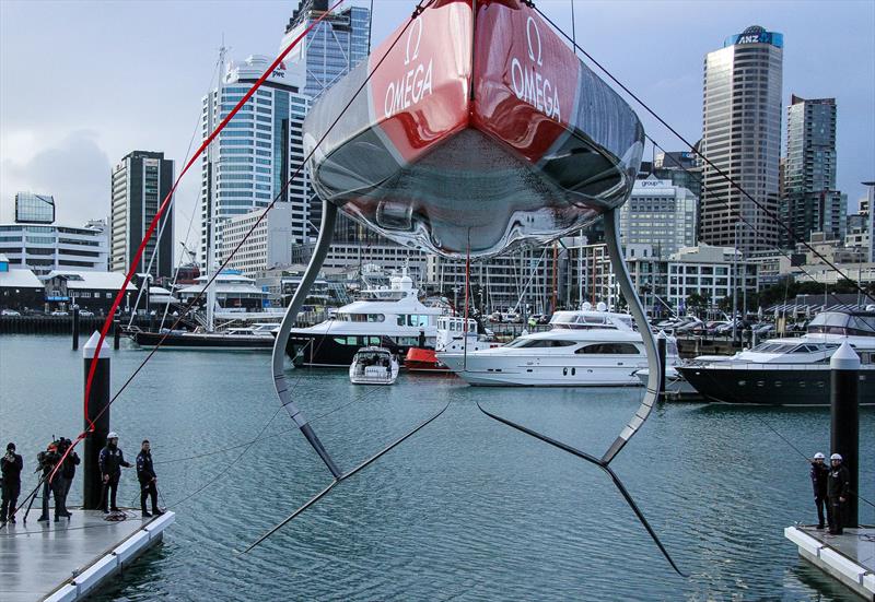 Emirates Team NZ launch the world's first AC75. The design was notable for the bustle around the centreline of the canoe body of the hull, the chines at the bow, and featured two different wings as is standard practice for testing.  - photo © Richard Gladwell