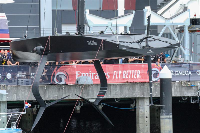 Emirates Team New Zealand launch their test boat - a 12Metre design that is very similar proportions to the AC75 used in the America's Cup. She carries the same smaller scale mast, foils and rudder. - photo © Richard Gladwell / Sail-World.com