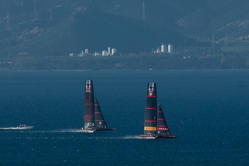 Luna Rossa apparently leads INEOS Team UK caught in a hook-up off Cagliari, Sardinia on January 18, 2020. Luna Rossa dropped her rig 10 days later photo copyright Francesco Nonno taken at Circolo della Vela Sicilia and featuring the AC75 class