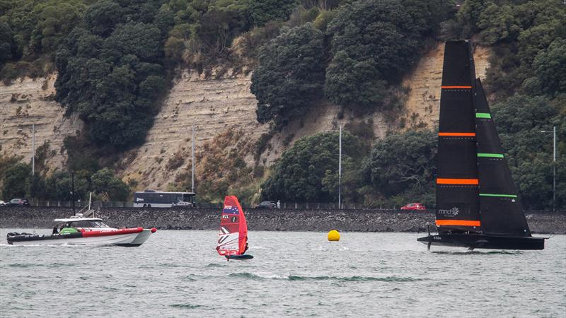 ETNZ's test boat is paced by a Windfoiler - March 2020 - Waitemata Harbour  photo copyright Richard Gladwell / Sail-World.com taken at Royal New Zealand Yacht Squadron and featuring the AC75 class