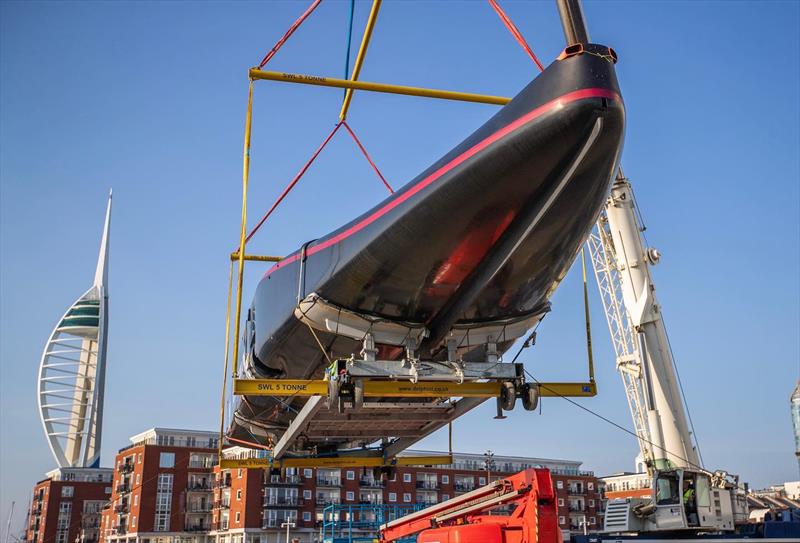 Britannia is unloaded after returning from Cagliari - INEOS Team UK - April 2020 - Portsmouth UK photo copyright INEOS Team UK taken at Royal Yachting Association and featuring the AC75 class