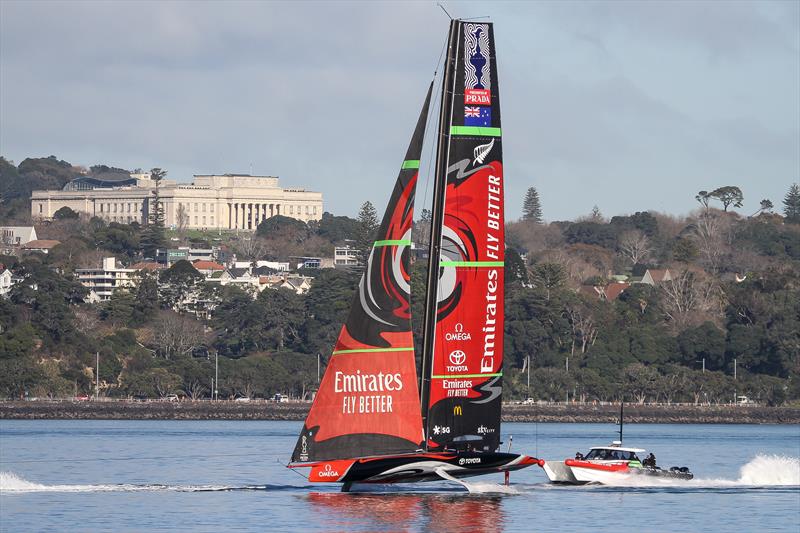 Emirates Team NZ heads out for some Code Zero testing - America's Cup - Auckland - July 4, 2020 photo copyright Richard Gladwell / Sail-World.com taken at Royal New Zealand Yacht Squadron and featuring the AC75 class