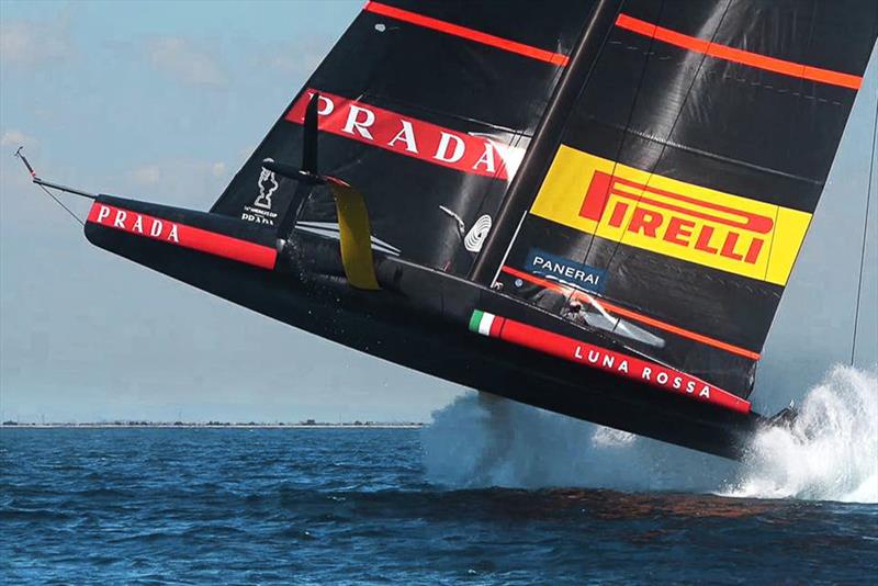 Luna Rossa performs a `sky leap` off Cagliari during training caused by crew error and an imbalance between the rudder wing and foil wing. Luna Rossa fell back into the water and continued sailing. America's Cup  36 - photo © Carlo Borlenghi / Luna Rossa