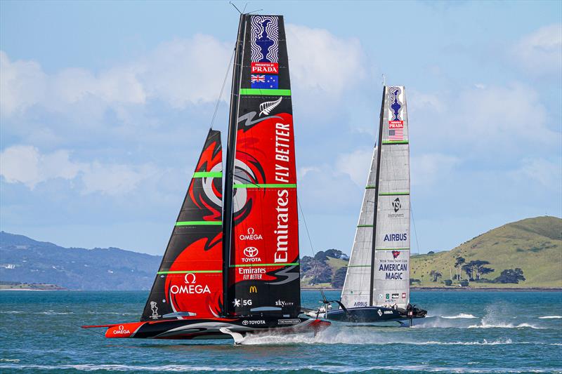 Emirates Team New Zealand and American Magic - Stadium Course - Waitemata Harbour - September 21, 2020 photo copyright Richard Gladwell / Sail-World.com taken at Royal New Zealand Yacht Squadron and featuring the AC75 class