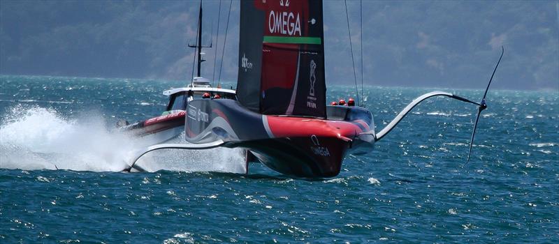 Port foil front view Emirates Team New Zealand - January 25, 2021 - Waitemata Harbour - America's Cup 36 photo copyright Richard Gladwell / Sail-World.com taken at Royal New Zealand Yacht Squadron and featuring the AC75 class