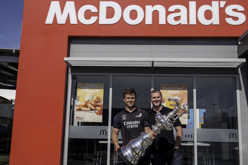 Local hero and team grinder Simon van Velthooven, along with the America's Cup trophy - McDonald's joins Emirates Team New Zealand as Official Family Partner  - February 2020 photo copyright Emirates Team New Zealand taken at Royal New Zealand Yacht Squadron and featuring the ACC class